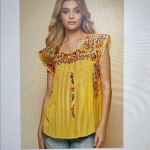 Savanna Jane SZ L Lemon Yellow Embroidered Peasant Top Boho Cottage Country 70's